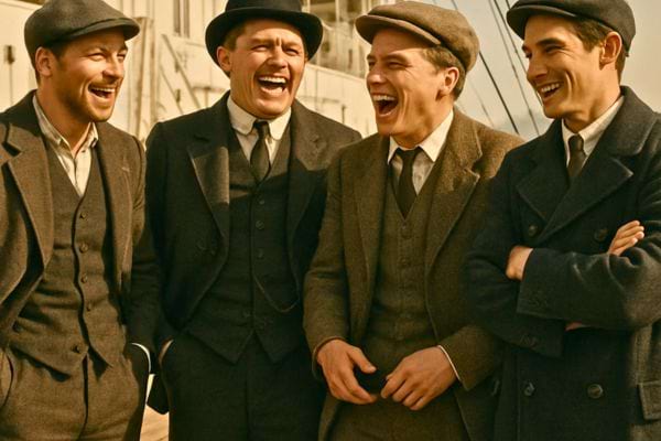 Groupe d’hommes en tenues anciennes riant ensemble sur un ponton.