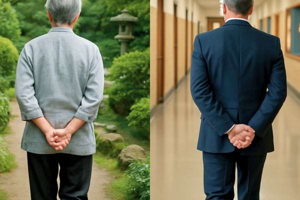 Deux hommes de dos, l’un dans un jardin et l’autre dans un couloir, tiennent leurs mains croisees.