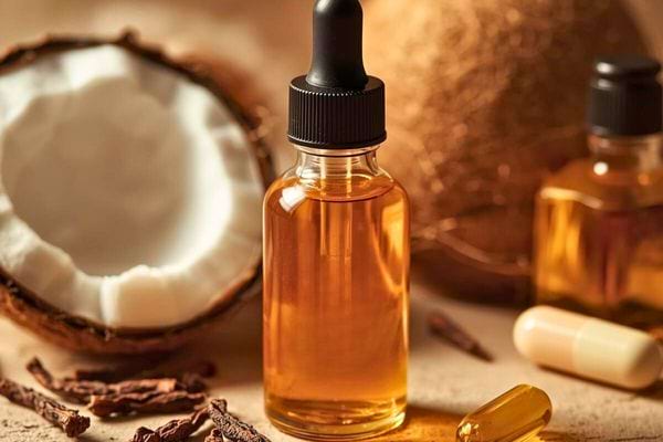 Flacon d’huile dorée posé près d’une noix de coco ouverte et de clous de girofle séchés.