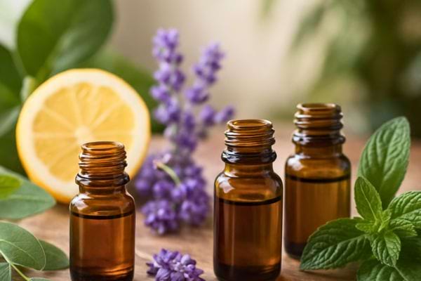 Trois flacons d’huiles essentielles sont poses devant du citron, de la lavande et des feuilles.