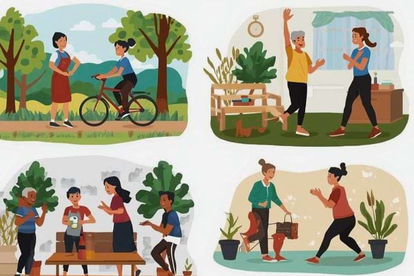 Illustration colorée représentant plusieurs scènes de personnes actives dans leur quotidien.