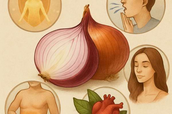 Dessin montrant les differents bienfaits de l oignon pour le corps.