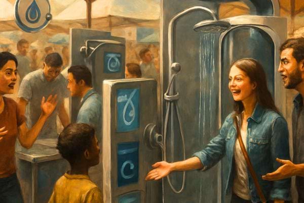 Une scene illustree montre des personnes essayant une douche publique innovante.