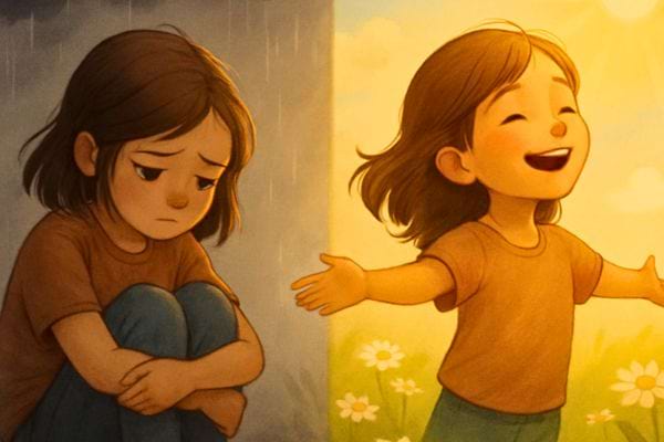 Une illustration montre un enfant triste puis le m&ecirc;me rayonnant de bonheur.