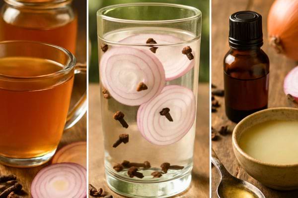Trois preparations maison a base d oignon et clous de girofle dans des verres.