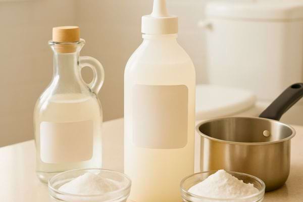 Du vinaigre, du liquide blanc et du bicarbonate sont prets pour une recette detartrante maison.