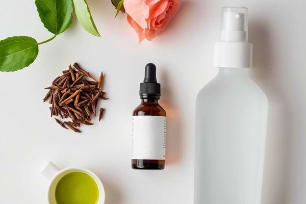 Flacon d’huile, clous de girofle, rose, et bol de thé vert disposés sur une table blanche.