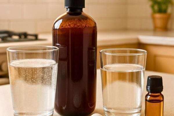 Deux verres d’eau, une grande bouteille brune et un petit flacon forment une preparation maison.