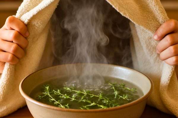 Une personne inhale la vapeur chaude d’un bol contenant des herbes.