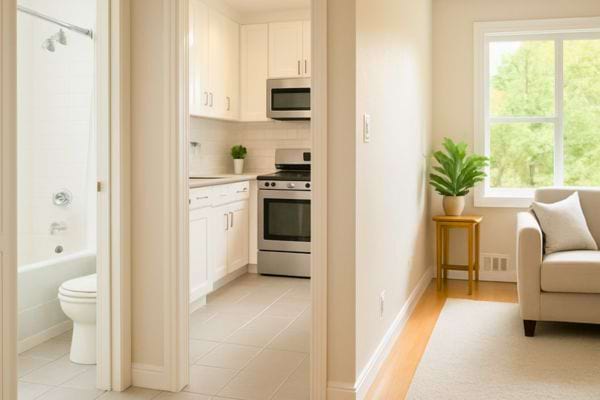vue d un appartement propre avec cuisine salon et salle de bain.