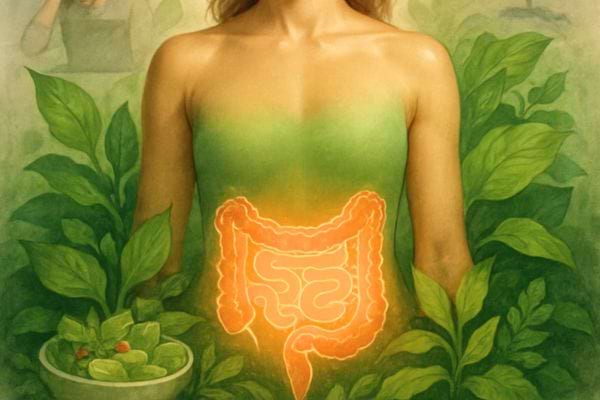 Une femme est entourée de plantes, avec son système digestif mis en lumière.