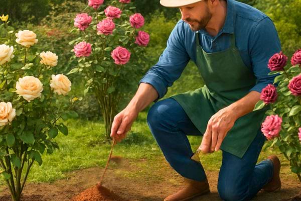 Un jardinier r&eacute;pand une poudre autour de rosiers en fleurs.