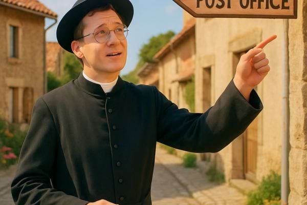 Jeune prêtre souriant et pointant un panneau “post office” dans une rue de village.