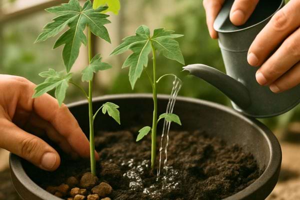 Deux jeunes plants de papayer sont plantes dans un pot et arroses soigneusement a la main.
