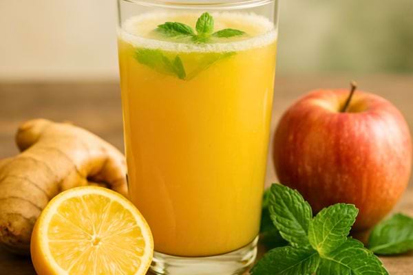 Verre de jus jaune aux herbes avec gingembre, citron et pomme autour.