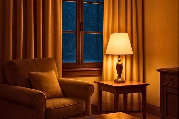 Un coin salon eclaire par une lampe pres d une fenetre donnant sur la nuit.