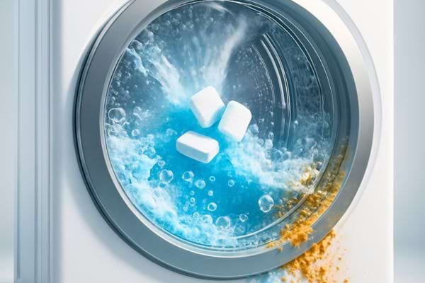 Des pastilles se dissolvent dans l’eau bleue à l’intérieur d’un lave-linge.