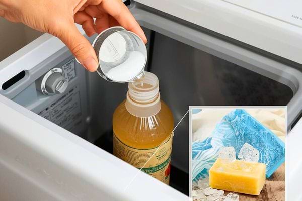 Main versant un liquide dans une bouteille avec du savon solide et linge en arrière-plan.