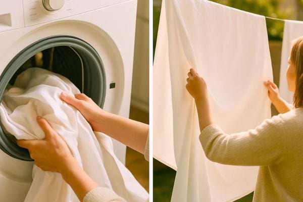 Linge blanc sorti de la machine puis etendu soigneusement a l’air libre.