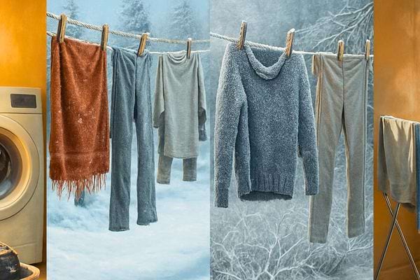 Du linge est suspendu dehors dans le froid alors qu un etendoir est visible dedans.