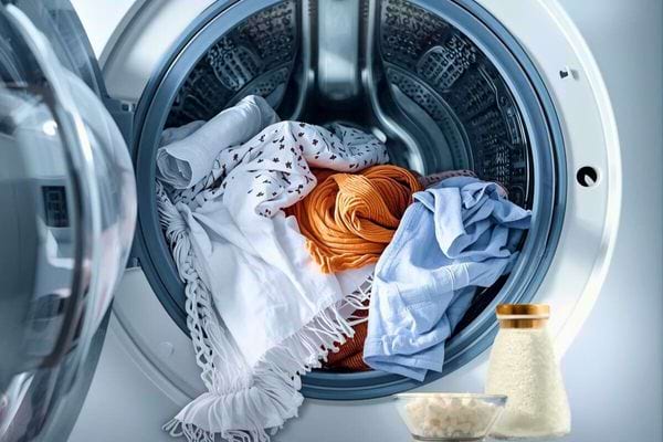 Vêtements colorés dans le tambour d’un lave-linge avec flacon de lessive naturelle posé devant.