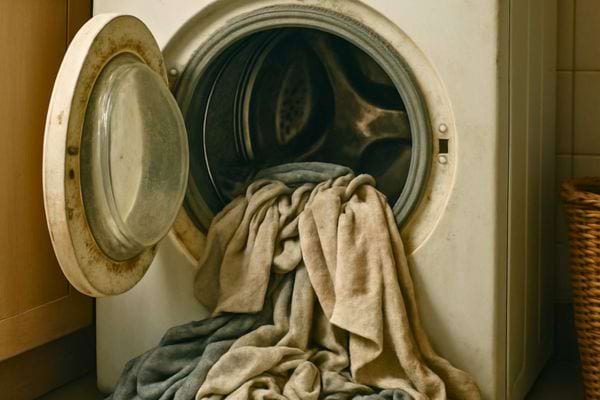 Du linge humide oubli&eacute; pendant longtemps dans une machine &agrave; laver ouverte. 