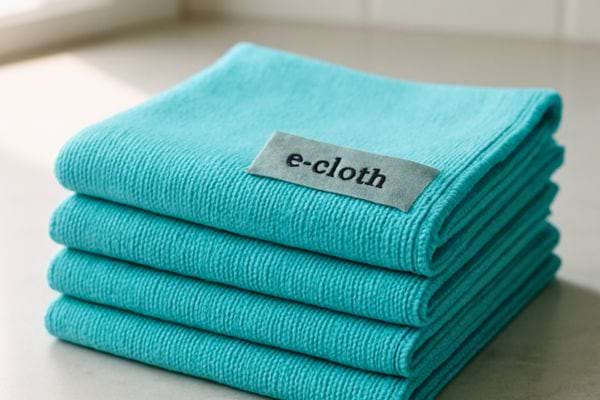 Un lot de lingettes microfibres turquoise est prêt pour le nettoyage.