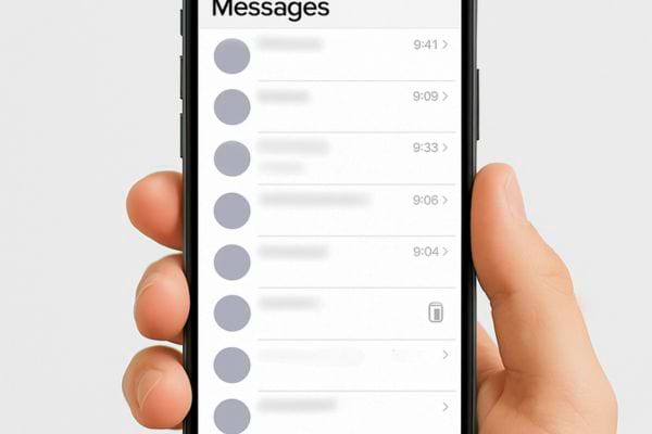 Un telephone montre une longue liste de conversations dans l appli messages.