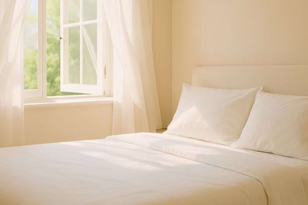 Chambre lumineuse avec un lit parfaitement fait et des draps blancs propres.