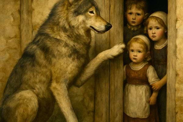 Un grand loup se tient devant une porte ou trois enfants inquiets l’observent.