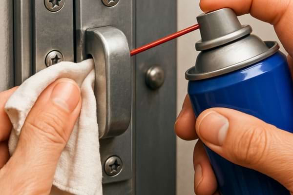 Une main nettoie une serrure en metal pendant qu une autre applique un lubrifiant.