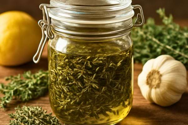 Un bocal hermétique rempli de thym macérant dans l’huile est posé sur une table.