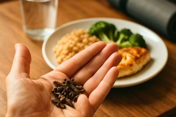 une main presente des clous de girofle devant une assiette de legumes et poulet.