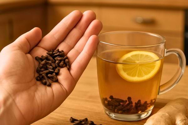 une main tient des clous de girofle devant une tasse de tisane citronnee.
