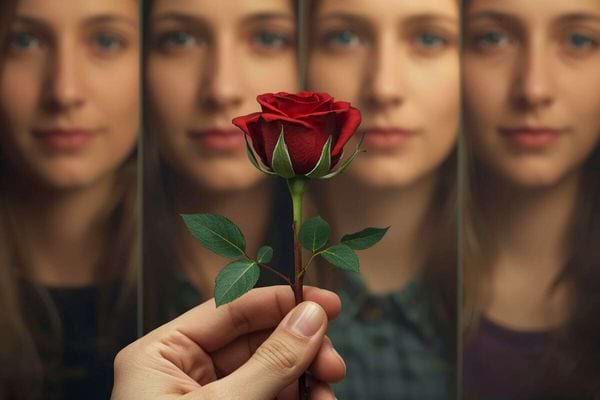 Main tenant une rose rouge devant plusieurs reflets d’un visage féminin.