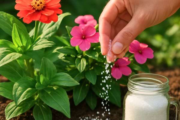 Une main disperse du sel blanc au pied de fleurs colorees dans un jardin.
