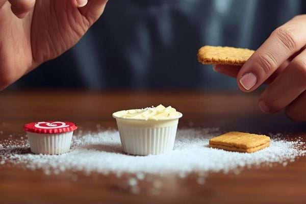 Mains préparant un biscuit avec du beurre et du sucre sur une table en bois.