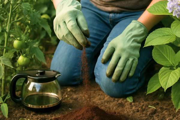  une personne ajoute du marc de cafe au pied des plants.