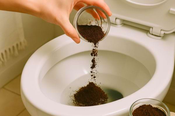  Du marc de café est versé dans une cuvette de toilette pour la désodoriser.