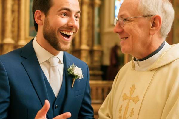 Homme en costume discutant joyeusement avec un prêtre lors d’une cérémonie.