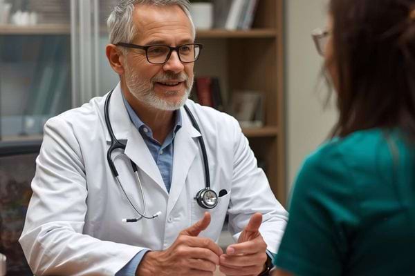 Médecin souriant en blouse blanche discutant avec une patiente dans son cabinet.