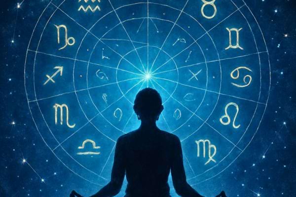 Une silhouette médite devant un cercle rempli de symboles astrologiques.