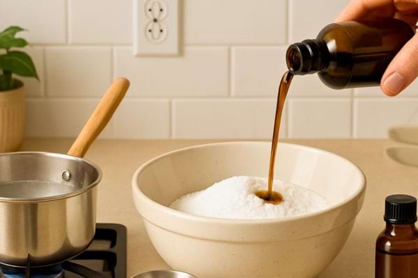 Main versant un liquide brun sur une grande quantité de poudre blanche pour fabriquer un produit maison.