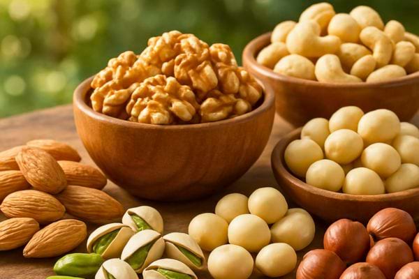 Mélange de différentes noix dans des bols en bois.