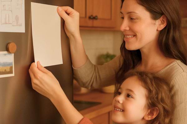 Une maman accroche un papier sur le frigo pendant que sa fille l’observe en souriant.