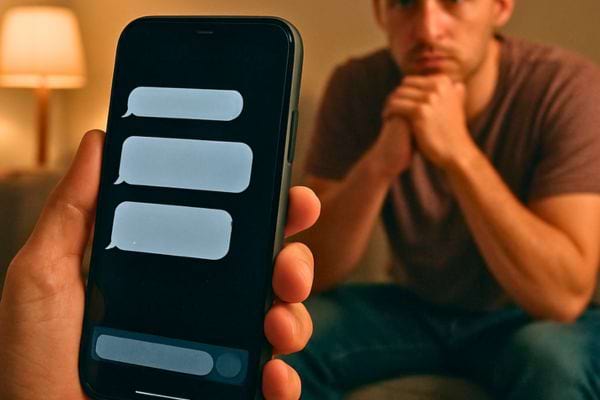 Un telephone affiche des bulles de message tandis qu un homme attend.