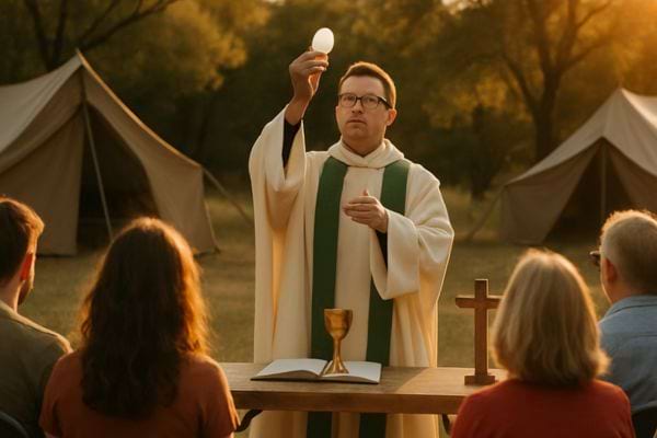 Un pretre celebre la messe en plein air devant quelques fideles.
