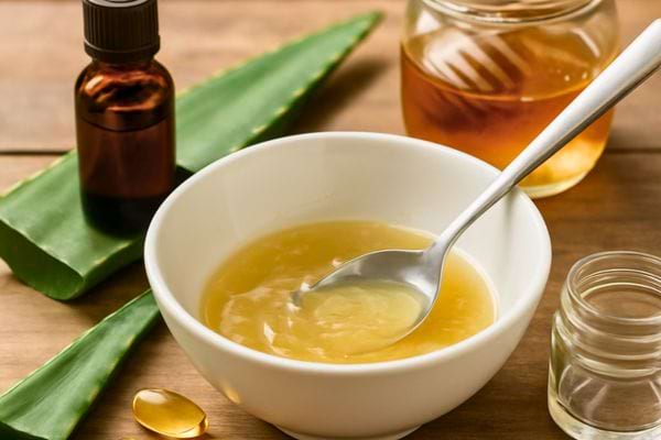 un bol de melange maison avec miel aloe et huiles.