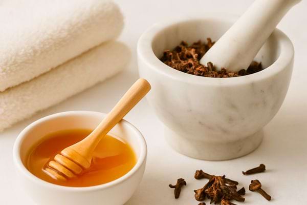 Des clous ecrases dans un mortier avec du miel dans un petit bol.