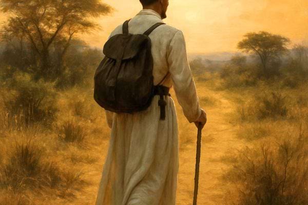 un religieux marche seul avec un sac a dos dans un paysage sec.
